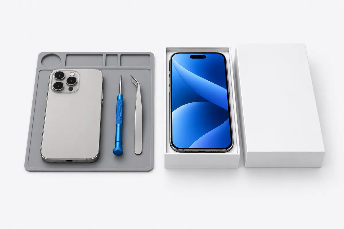 iPhone на сервисном коврике и новый iPhone в коробке